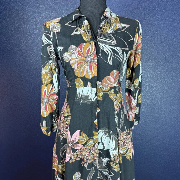 Zara Floral Print Maxi Buttondown Shirt Dress, Black/Brown/Pink, Size XS - Picture 2 of 12